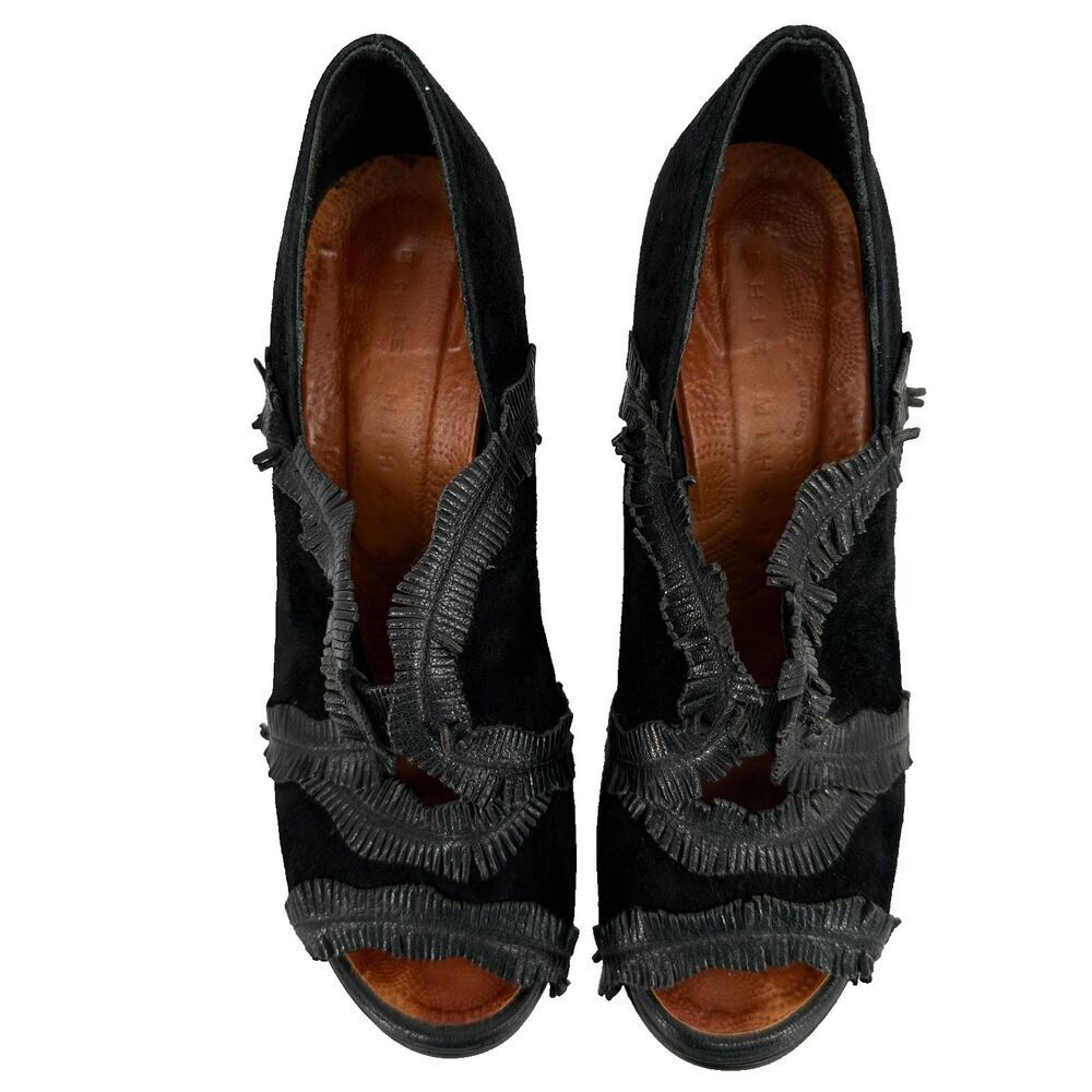 Chie Mihara Size 37 Black Suede Block Heels Fringe PeepToe 3.5in Boho Steampunk - Picture 3 of 11